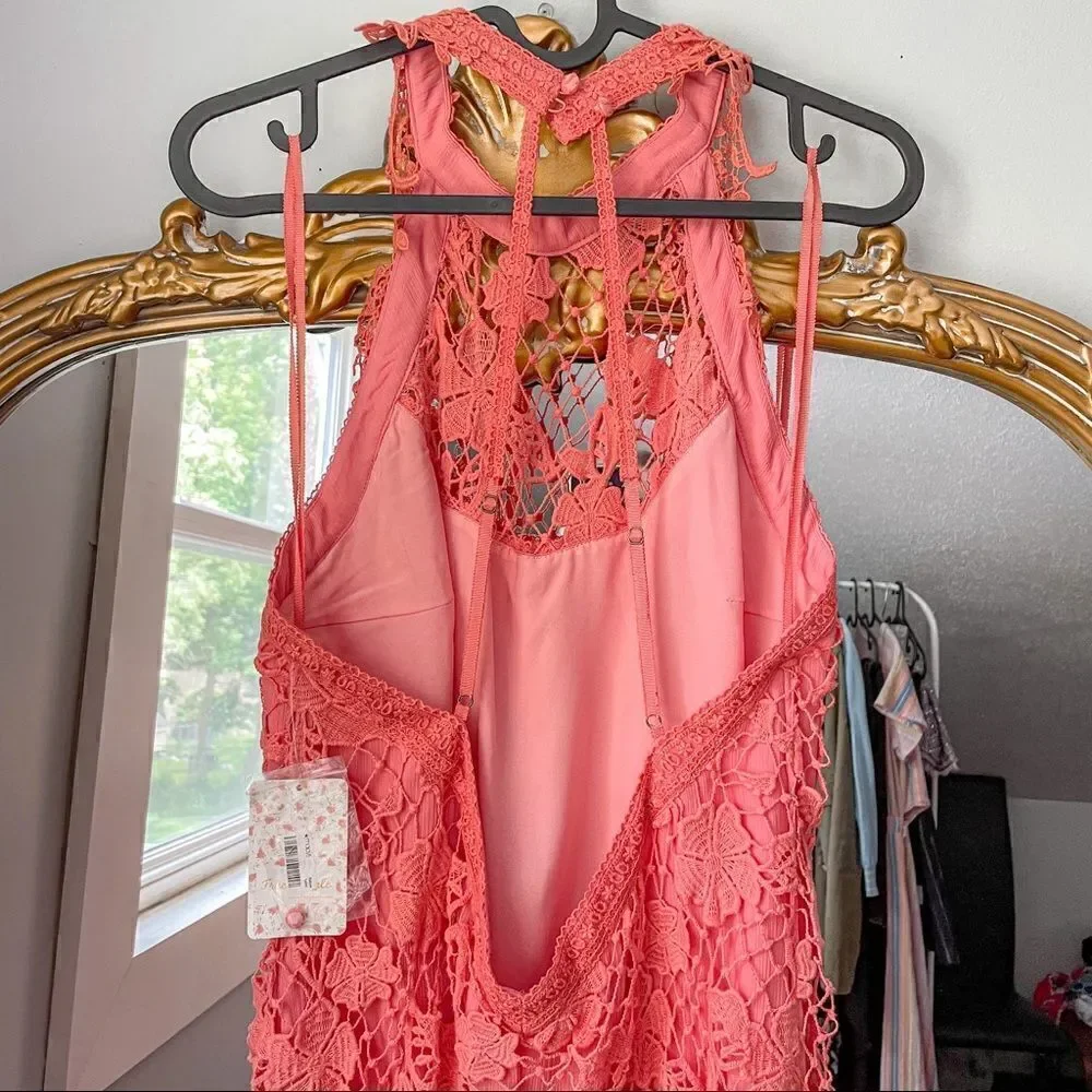 Free People Snowdrop Lace Halter Trapeze Mini Dress Coral L